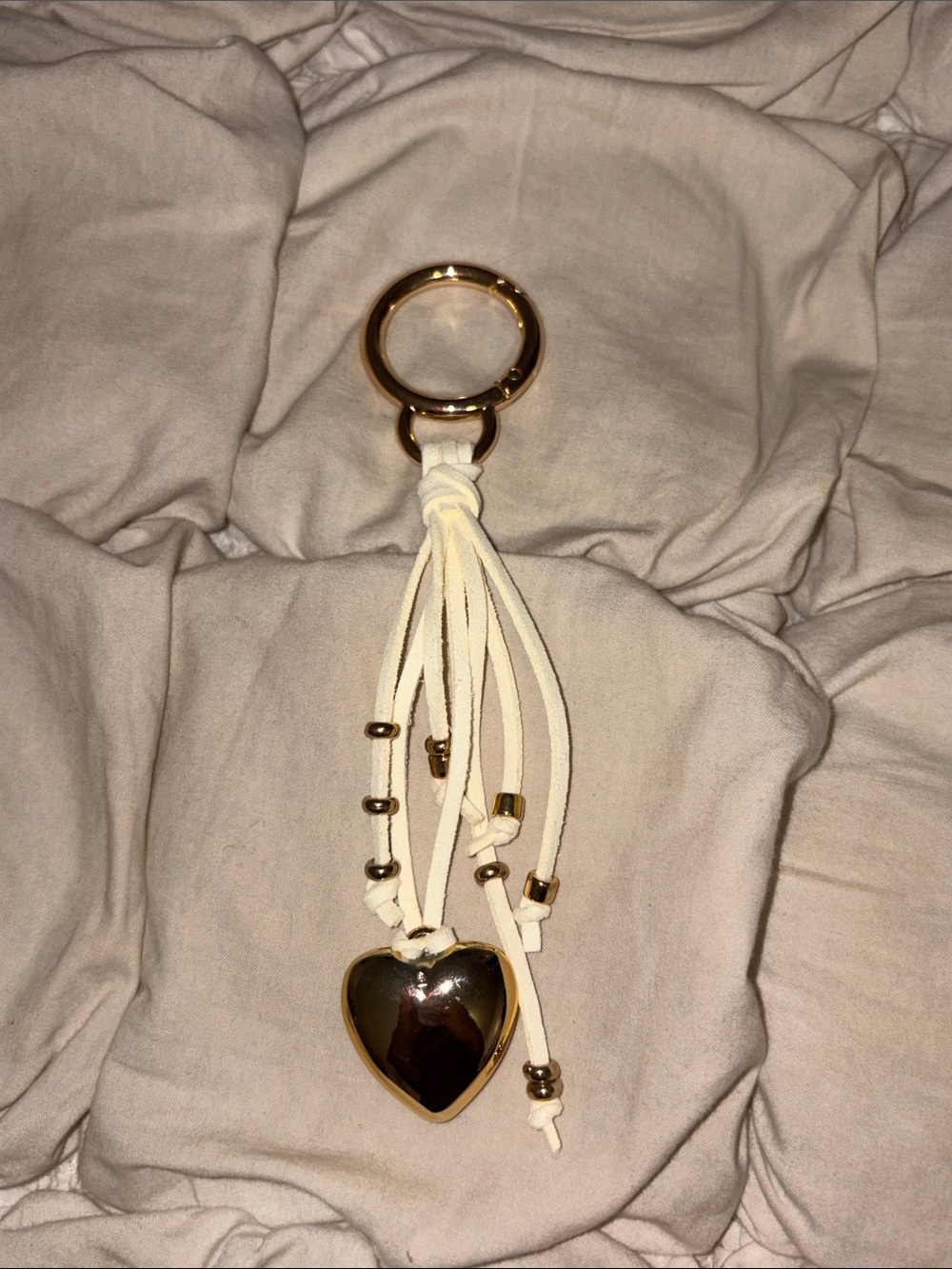 Free People Cream Cord and Gold Heart Bag Charm Keyring
